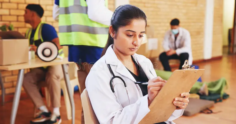charity medical writing woman clipboard vaccine drive outreach program volunteer healthcare support doctors 387920721